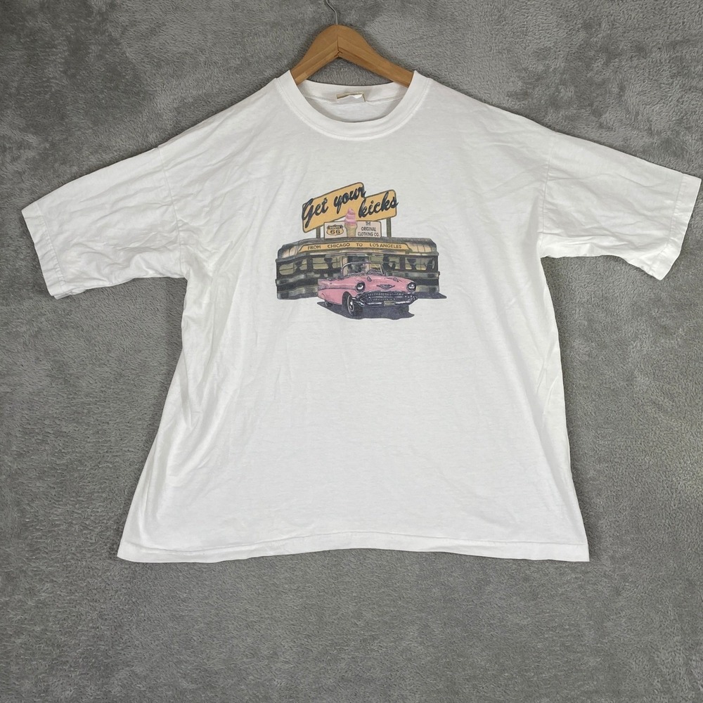 Route 66 Shirt Mens Large White Get Your Kicks Diner Pink Convertible Retro Car